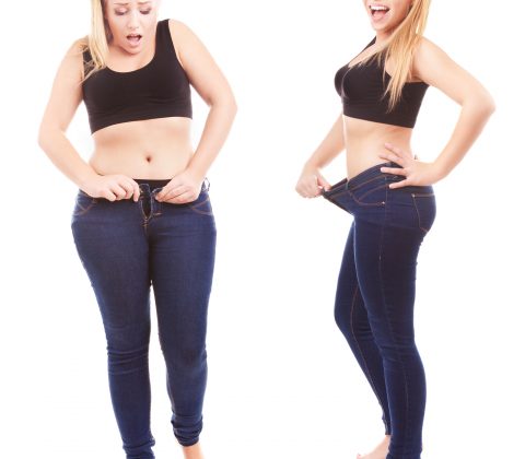 Before and after a diet, girl is happy by achievement