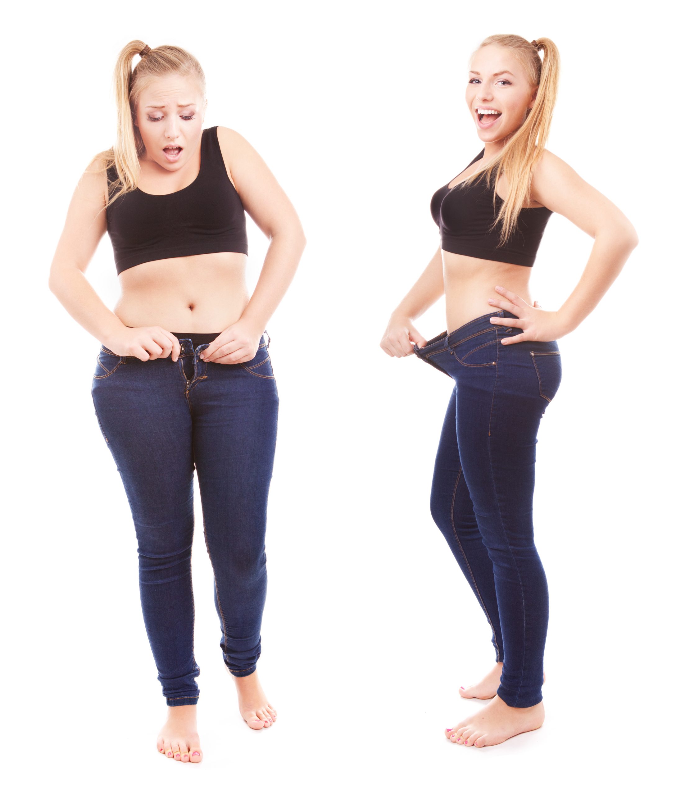 Before and after a diet, girl is happy by achievement